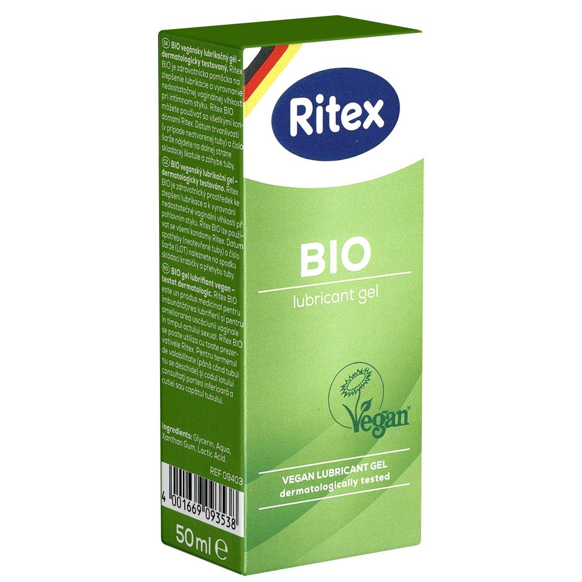 Groene verpakking van Ritex BIO glijmiddel. Met logo, productnaam, Vegan-keurmerk en ingrediënten. 50ml.