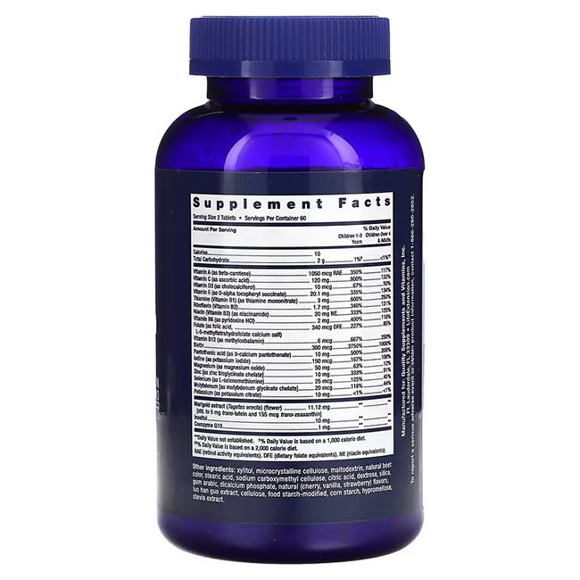 Flacon bleu de comprimés. Inscriptions: Supplement Facts. Contient vitamines et minéraux. 60 portions.