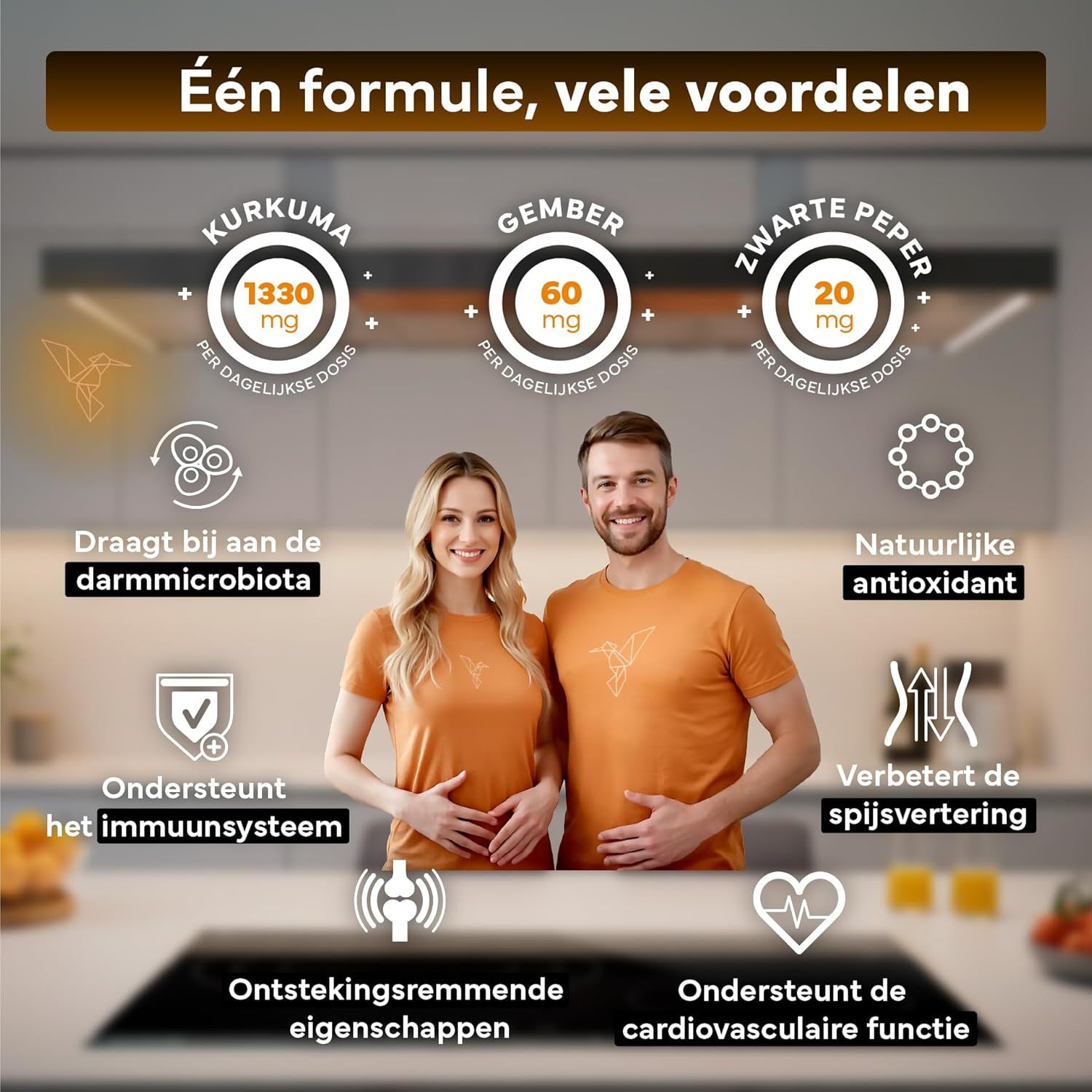 Infographic met man en vrouw, die voordelen van kurkuma, gember en zwarte peper benadrukt.