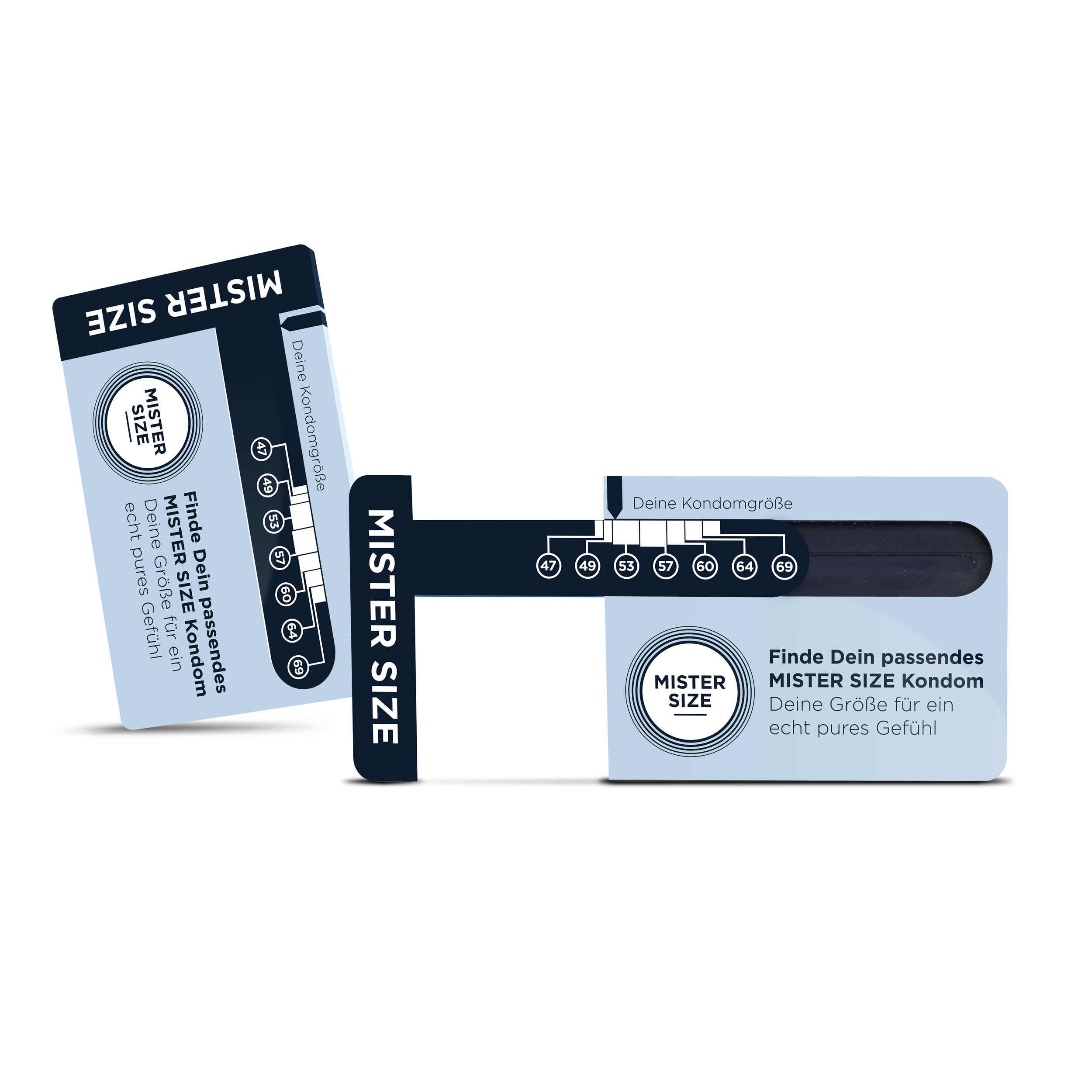 Deux règles Mister Size. Une règle dépliée, affiche les tailles. Texte noir: Mister Size, Trouvez votre préservatif Mister Size.