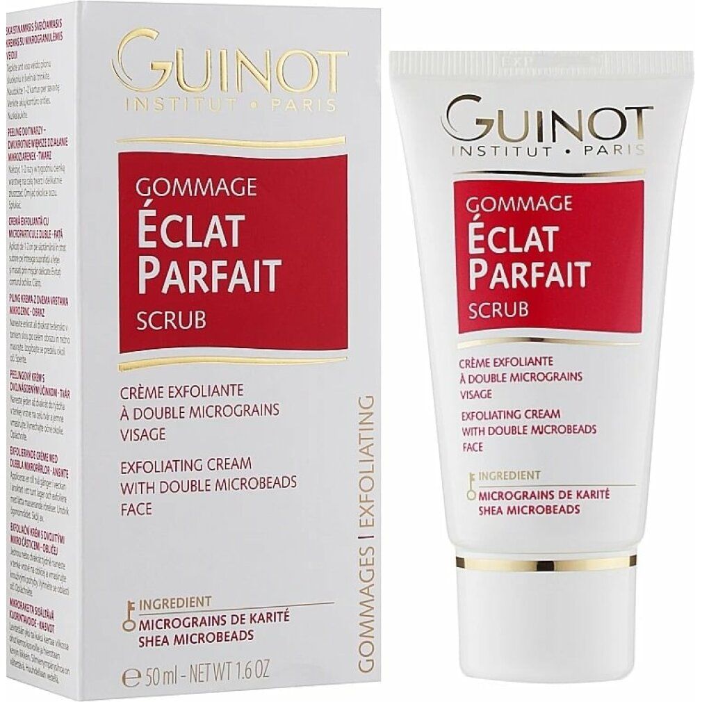 Emballage et tube. Inscription: Guinot, Gommage Eclat Parfait, Scrub. Avec informations produit.