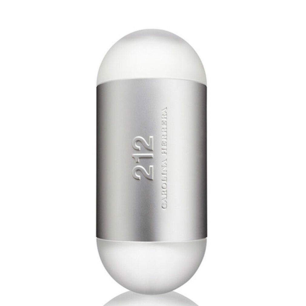 Flacon cylindrique avec partie centrale argentée et extrémités blanches. "212 CAROLINA HERRERA" est écrit sur le flacon.