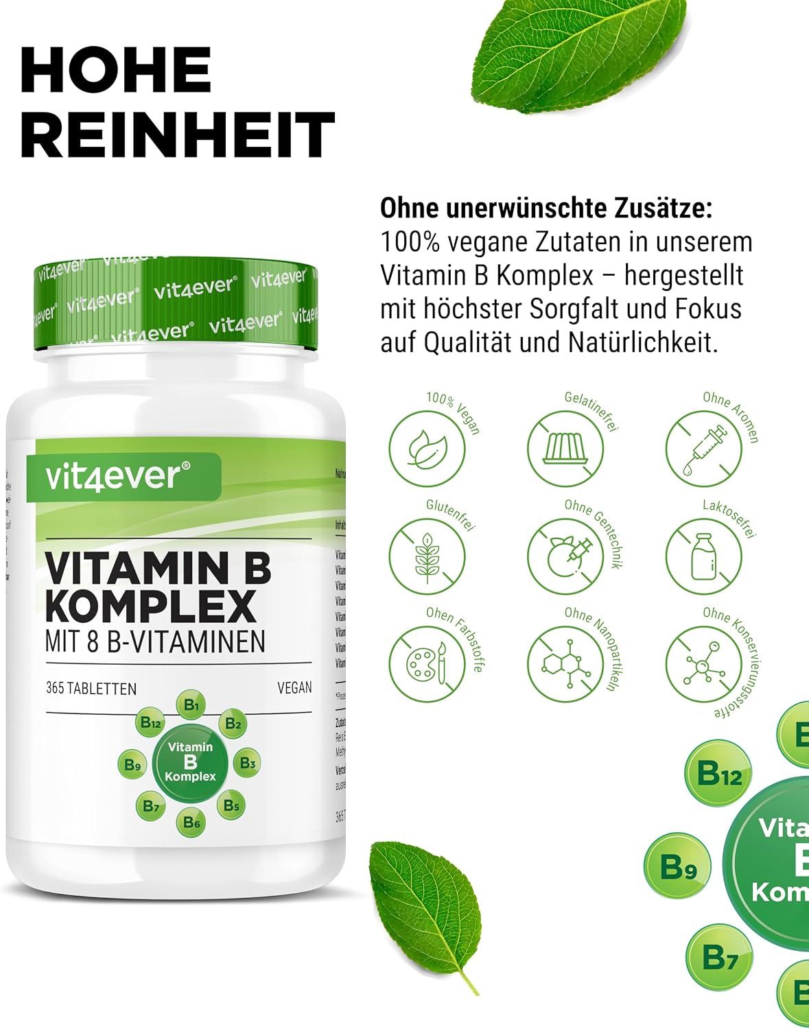 Vit4ever Vitamine B Complex: 100% vegan, zonder gelatine, aroma's, lactose, gluten.
