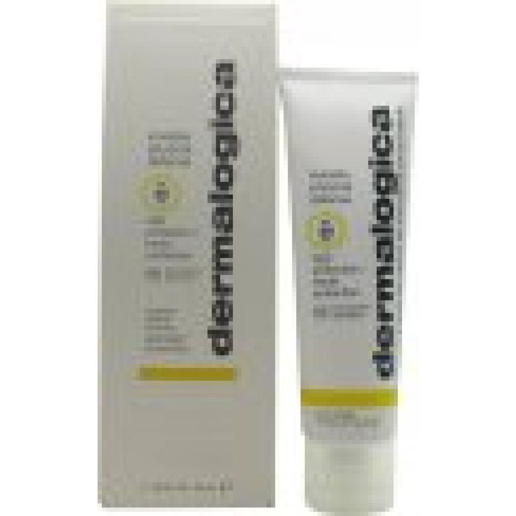 Tube blanc et boîte. Texte: Invisible Physical Defense, SPF 30, Dermalogica. Inscription: broad spectrum & large spectre. Boîte avec texte.