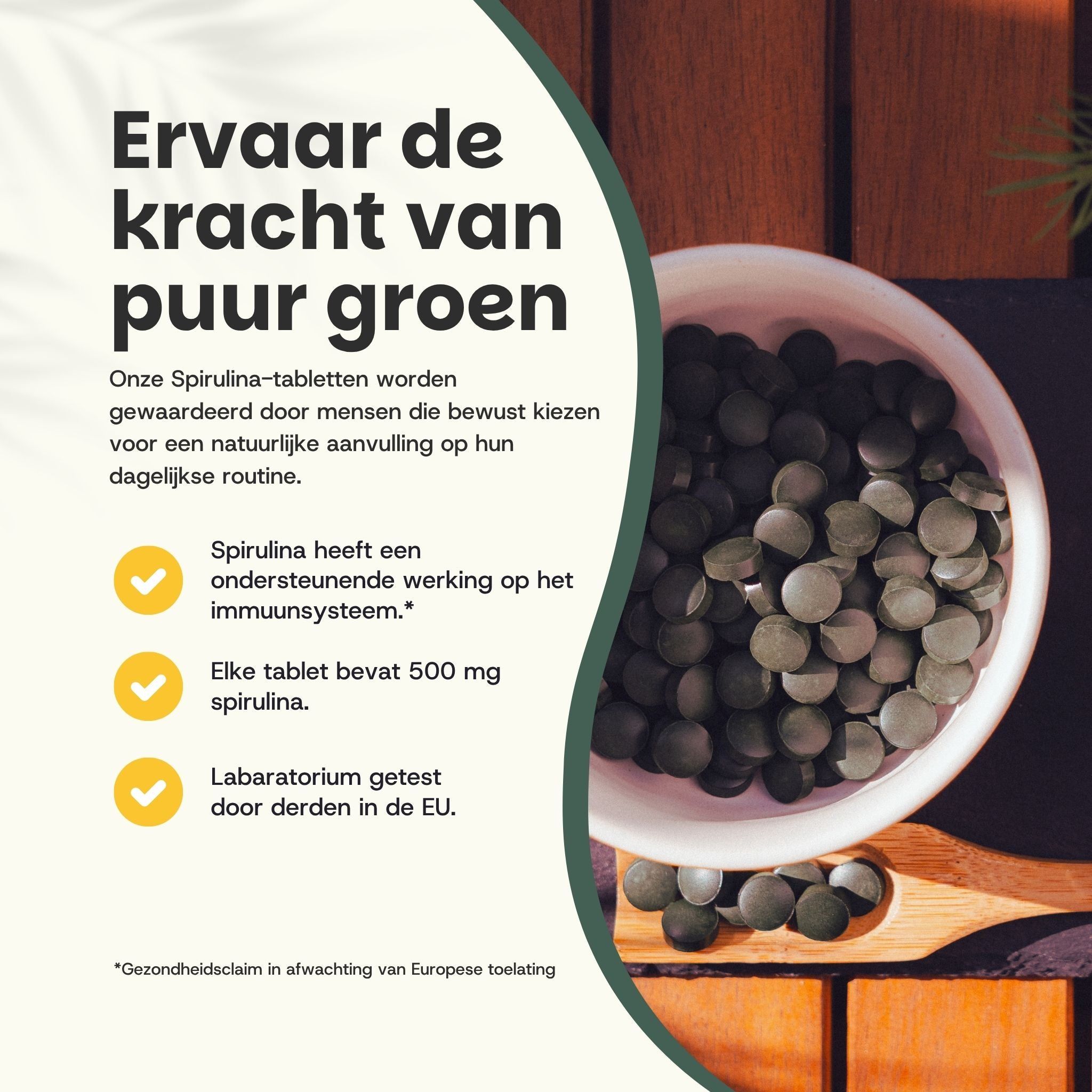 Waarom spirulina? Rijk aan eiwitten, spierondersteuning, bron van ijzer.