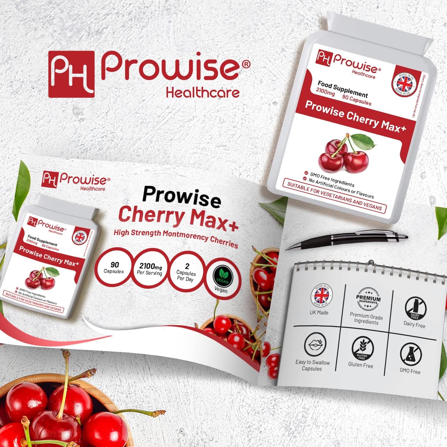 Emballage de produit avec capsules. Inscription: Prowise Cherry Max+. Contient 90 capsules. Fabriqué au Royaume-Uni. Végétarien et végétalien.