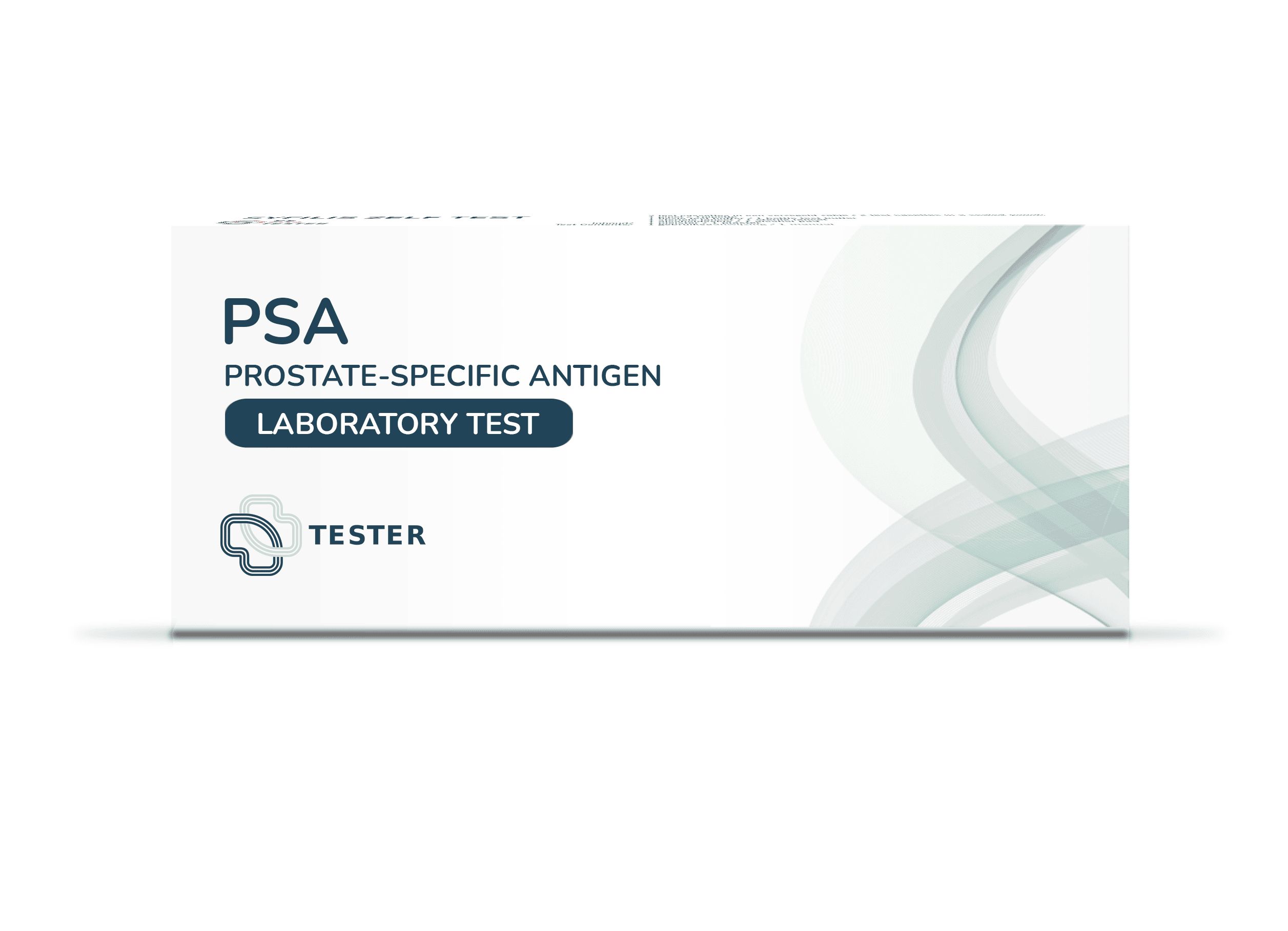 Boîte en carton avec l'inscription PSA, antigène prostatique spécifique, test de laboratoire. Logo et texte Tester.