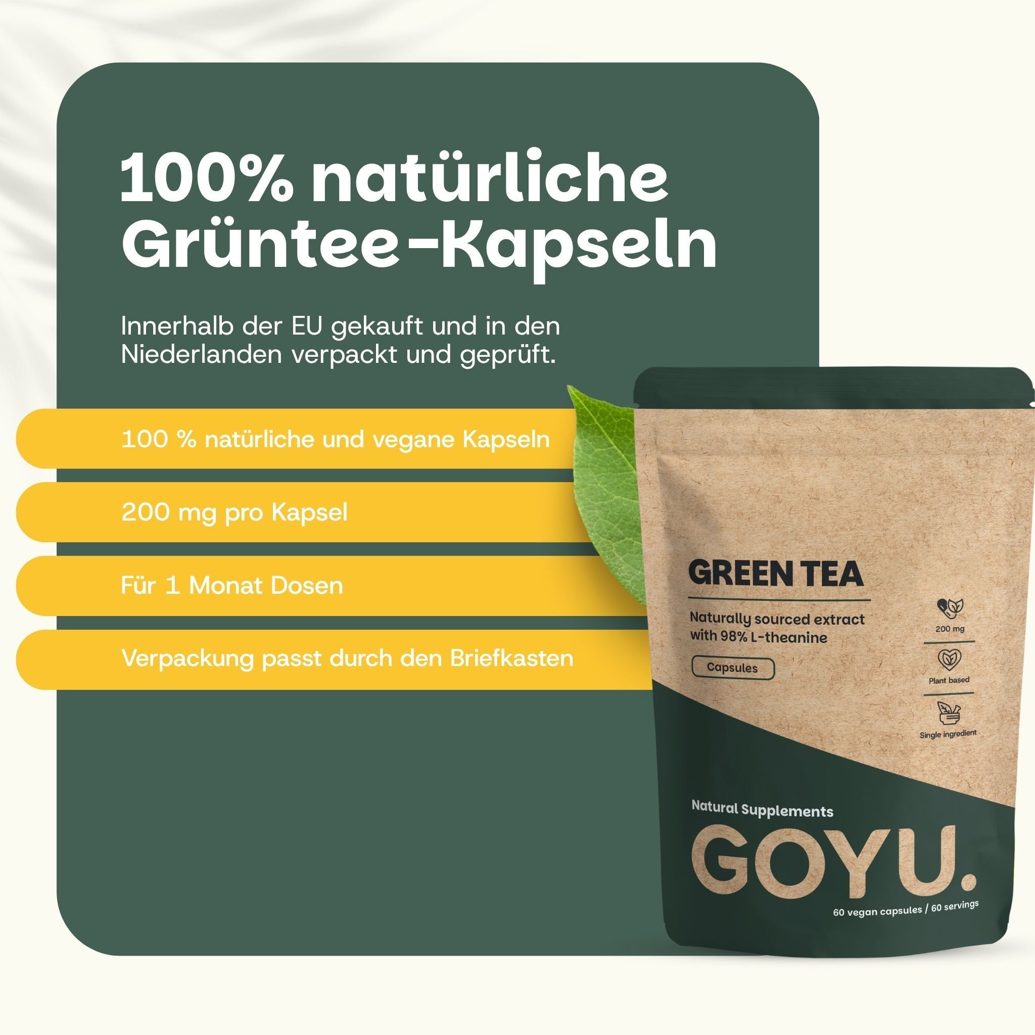 Sachet en papier brun avec capsules de thé vert GOYU. Contient 60 gélules végétales.