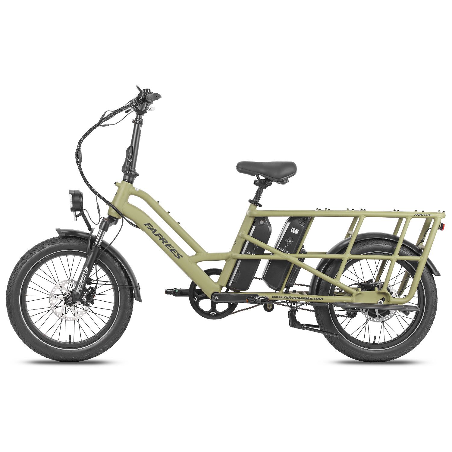Groene Fafrees FF20 CUV e-bike. Bagagerek, twee batterijen, achterlicht, zwarte banden en zadel.