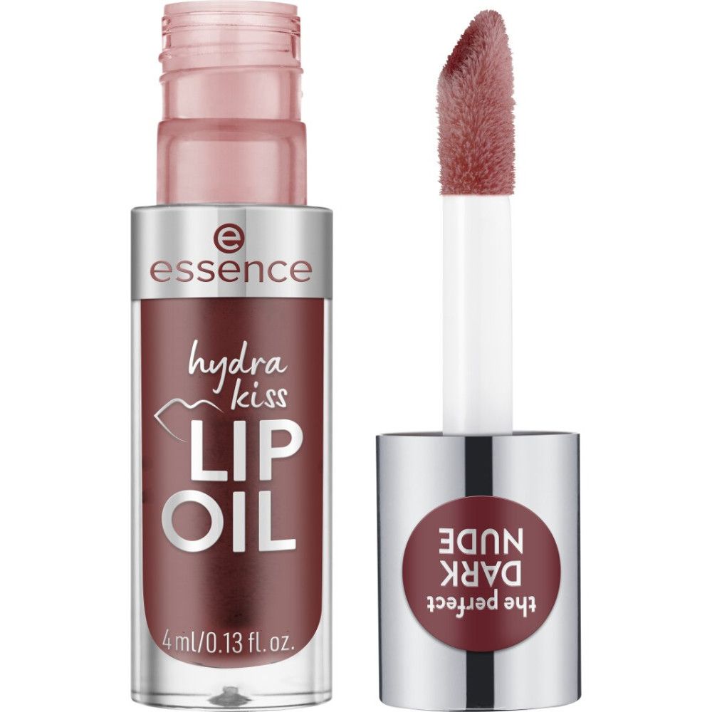 Lipolie flesje met applicator. Opschrift: "Essence hydra kiss LIP OIL". Kleur: donkerbruin. Applicator met donkerbruine spons.