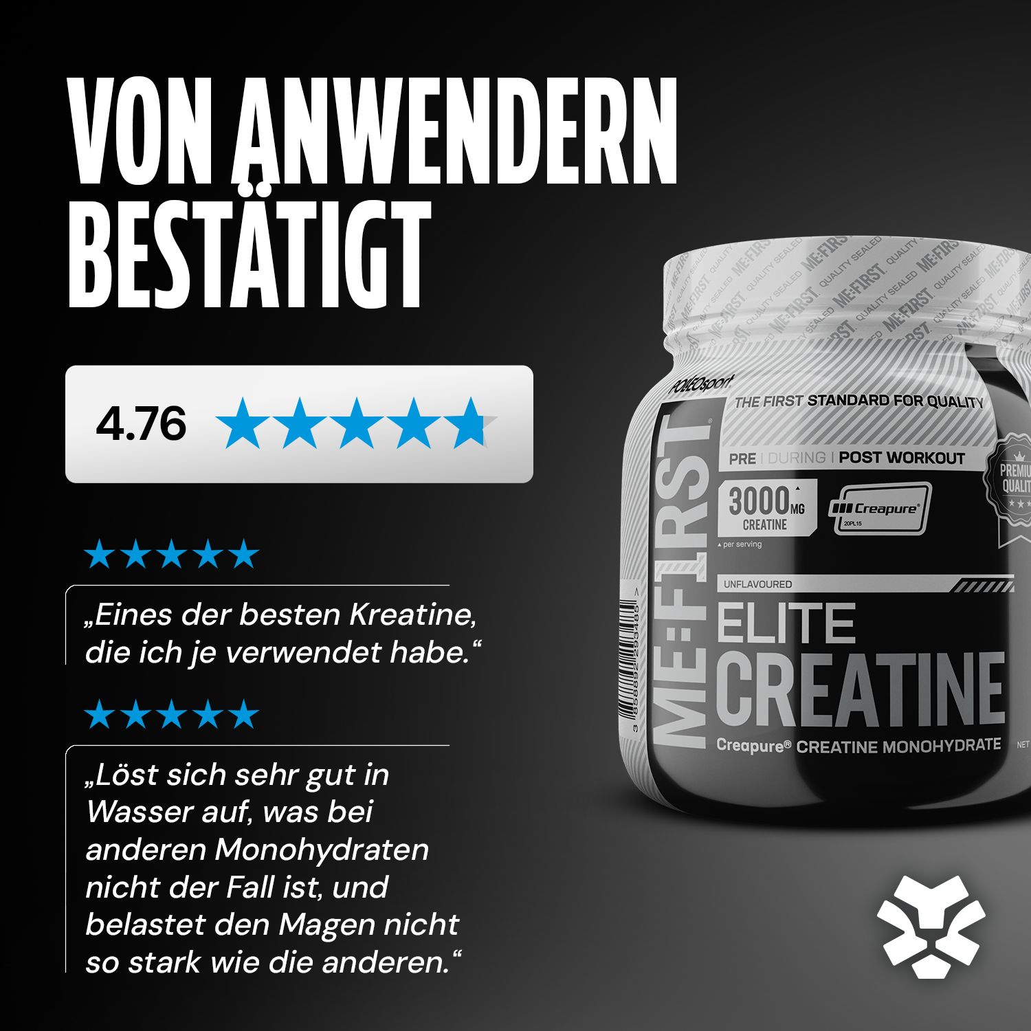 Pot Polleo Elite Creatine. Tekst: Bevestigd door gebruikers, 4,76 sterren beoordeling. Citaat: Een van de beste creatine die ik ooit heb gebruikt.
