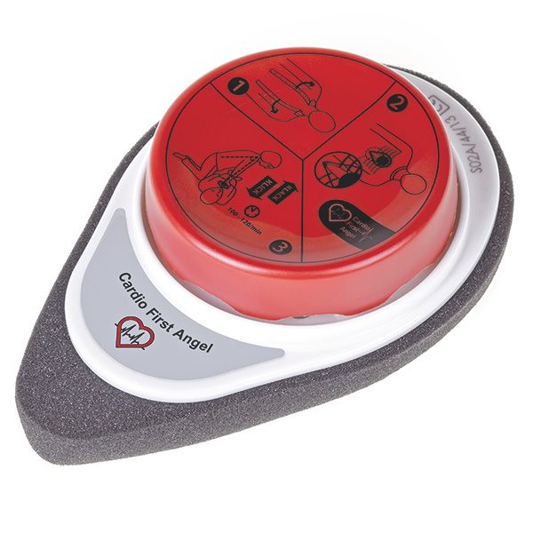 Cardio First Angel. Bouton rouge avec instructions, cadre blanc, mousse grise. Texte: Cardio First Angel. Vue de dessus.