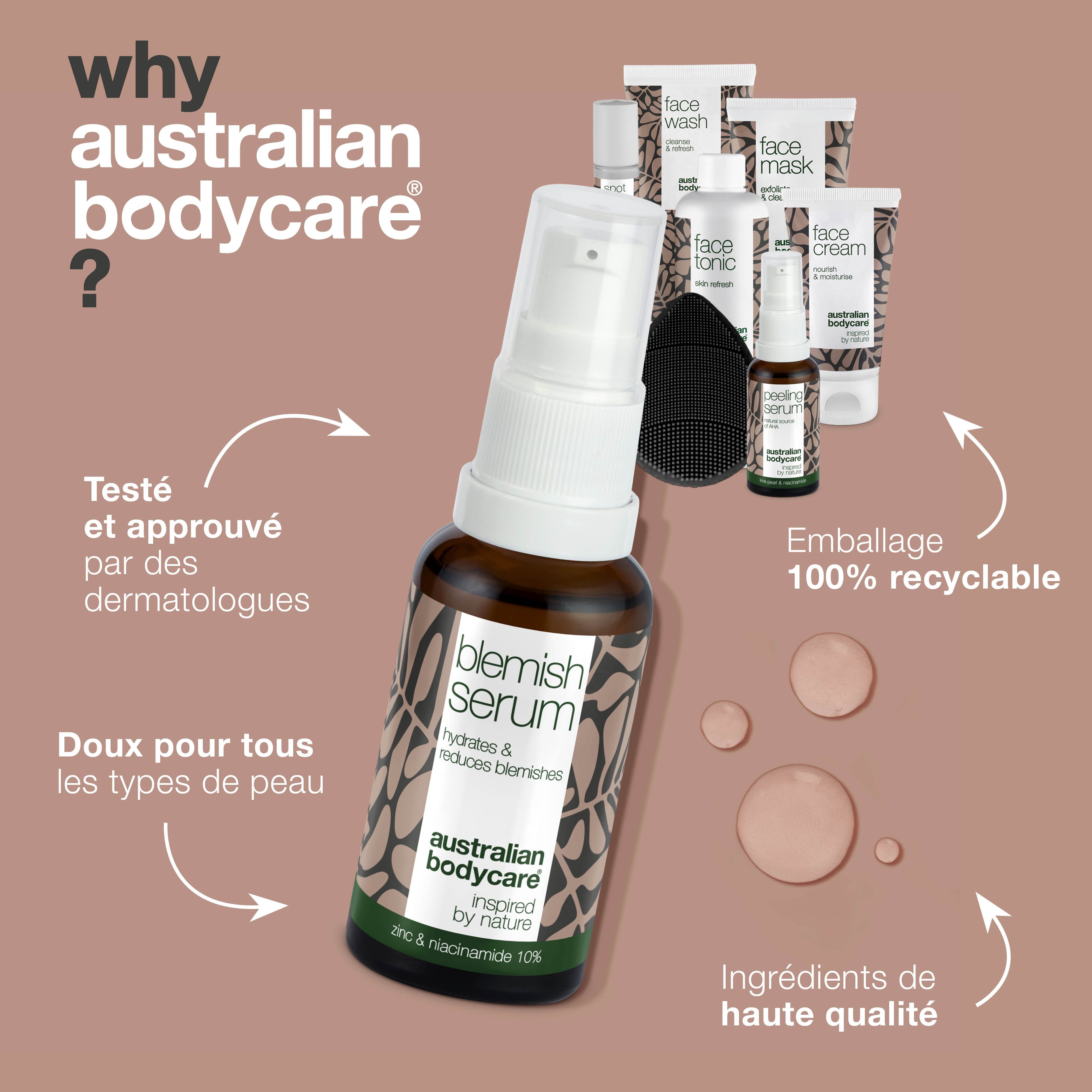 Ensemble de soins du visage contre les boutons et la peau impure. Produits : Face Wash, Face Mask, Face Cream, Face Tonic, Blemish Serum.