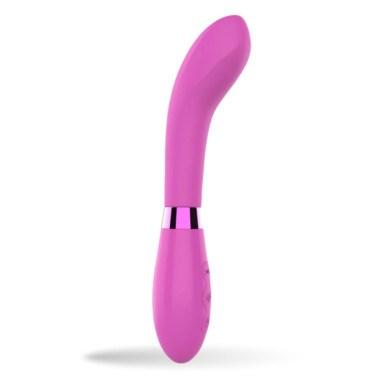 Roze vibrator. Gebogen vorm. Bedieningspaneel met drie knoppen. Metalen ring. G-spot stimulatie.
