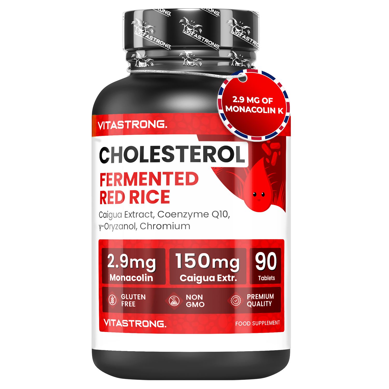Flacon de comprimés avec étiquette rouge. Contient 90 comprimés. Contient Monacoline K, extrait de Caigua, Coenzyme Q10, r-Oryzanol, Chrome.
