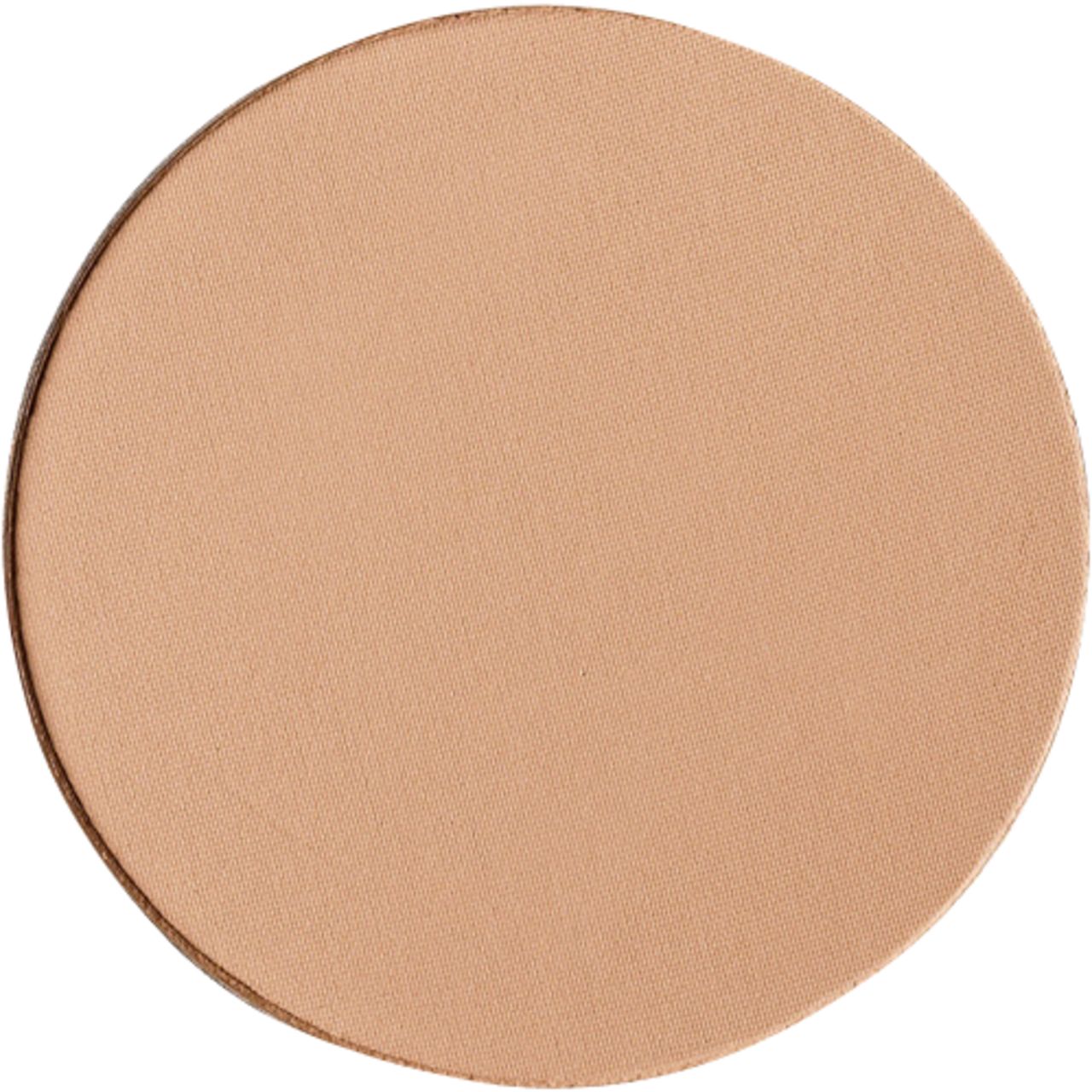Ronde, beige poeder navulling. Compacte vorm. Bovenaanzicht.