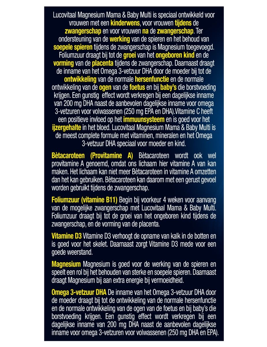 Tekst op de verpakking van Lucovitaal Magnesium Mama & Baby Multi. Beschrijft de voordelen en ingrediënten van het product.