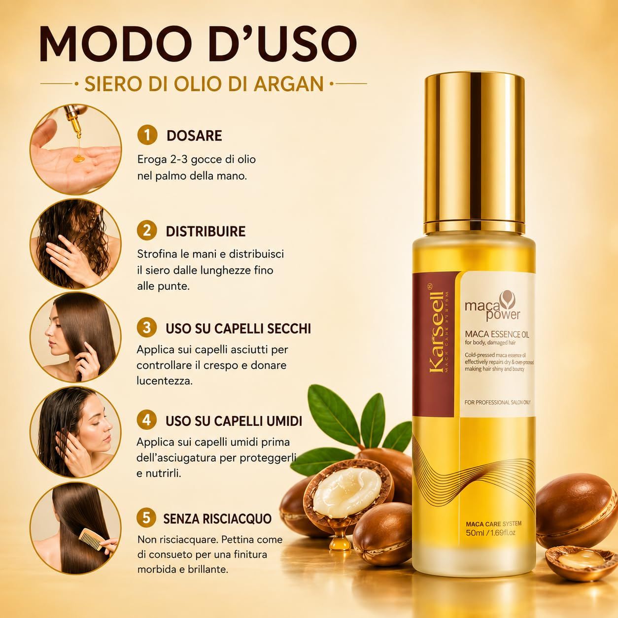 Fles met gouden dop met Maca Power haar essence. Arganvruchten ernaast.
