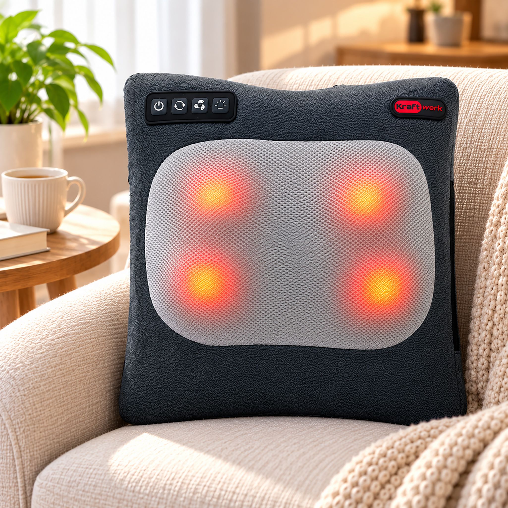 Grijs massagekussen met vier rode Shiatsu-koppen, geplaatst op een fauteuil.