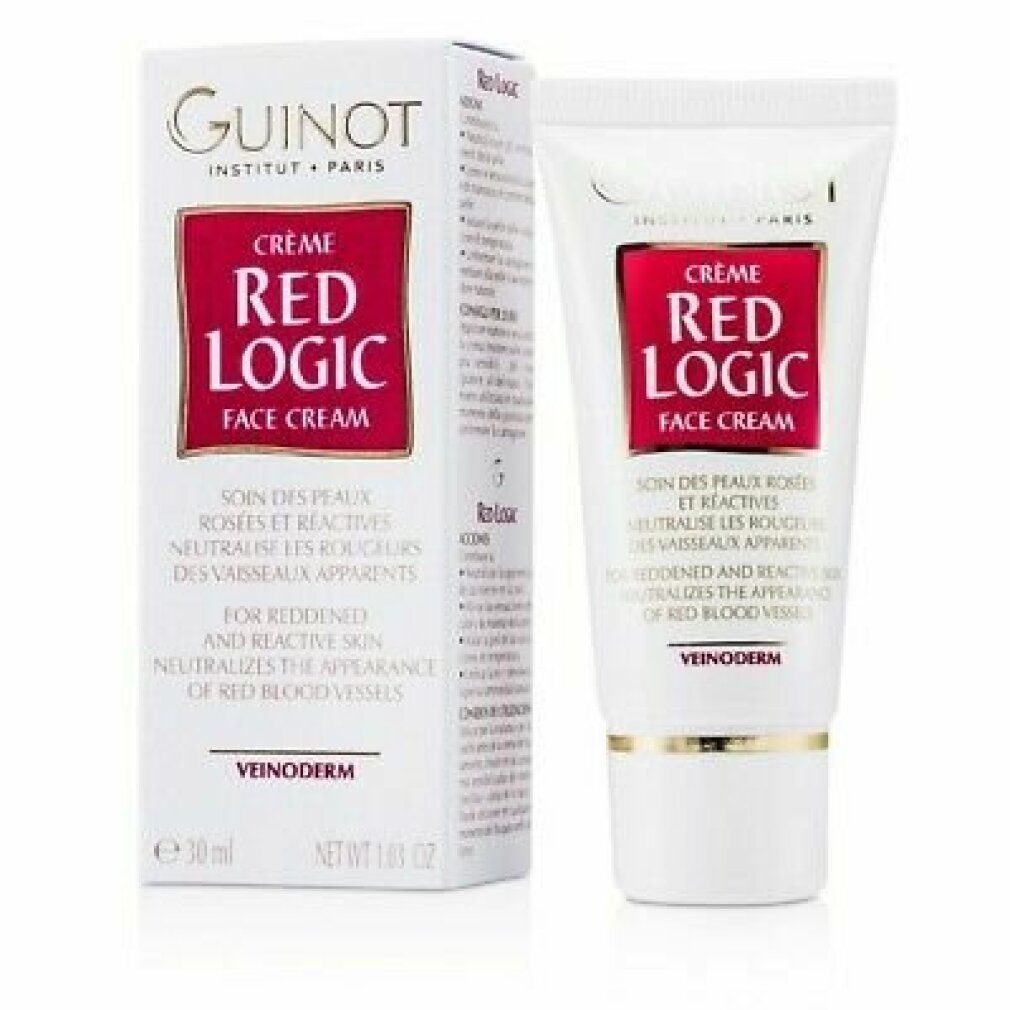 Emballage produit avec tube et boîte. Impression "Guinot Crème Red Logic Face Cream". Texte en français et anglais.