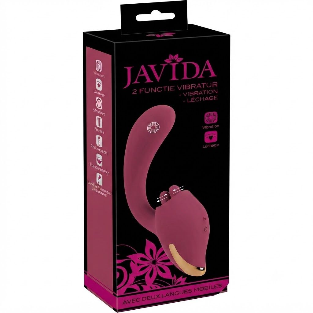 Vibrateur violet avec une tige courbée et deux stimulateurs. La marque 'JAVIDA' est visible sur le boîtier.
