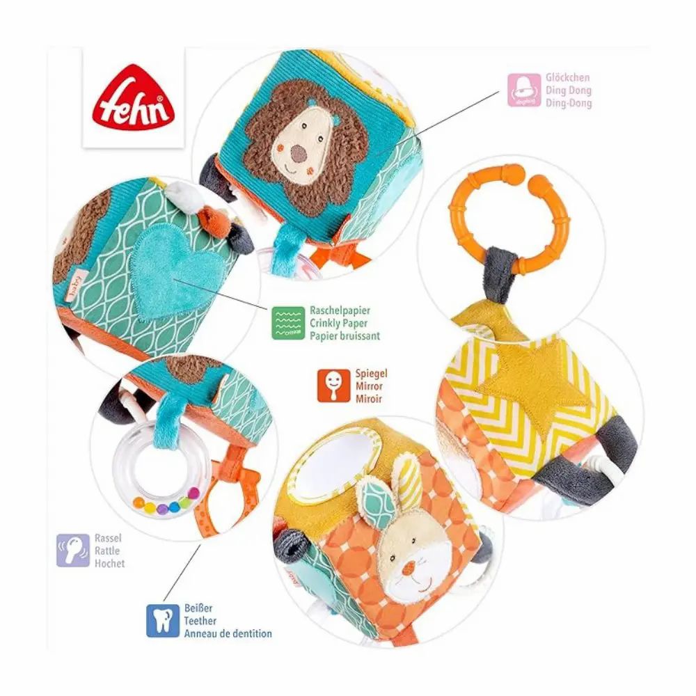 Productafbeelding met details van de stoffen kubus: leeuwenmotief, spiegel, knisperpapier, bijtring, grijpring, belletje.