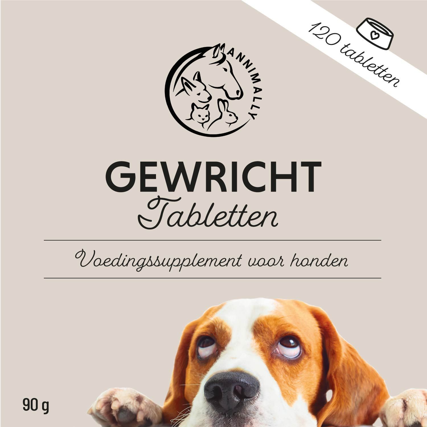 Verpakking met 120 tabletten. Opschrift: GEWRICHT Tabletten. Hondafbeelding. Logo. 90 g.
