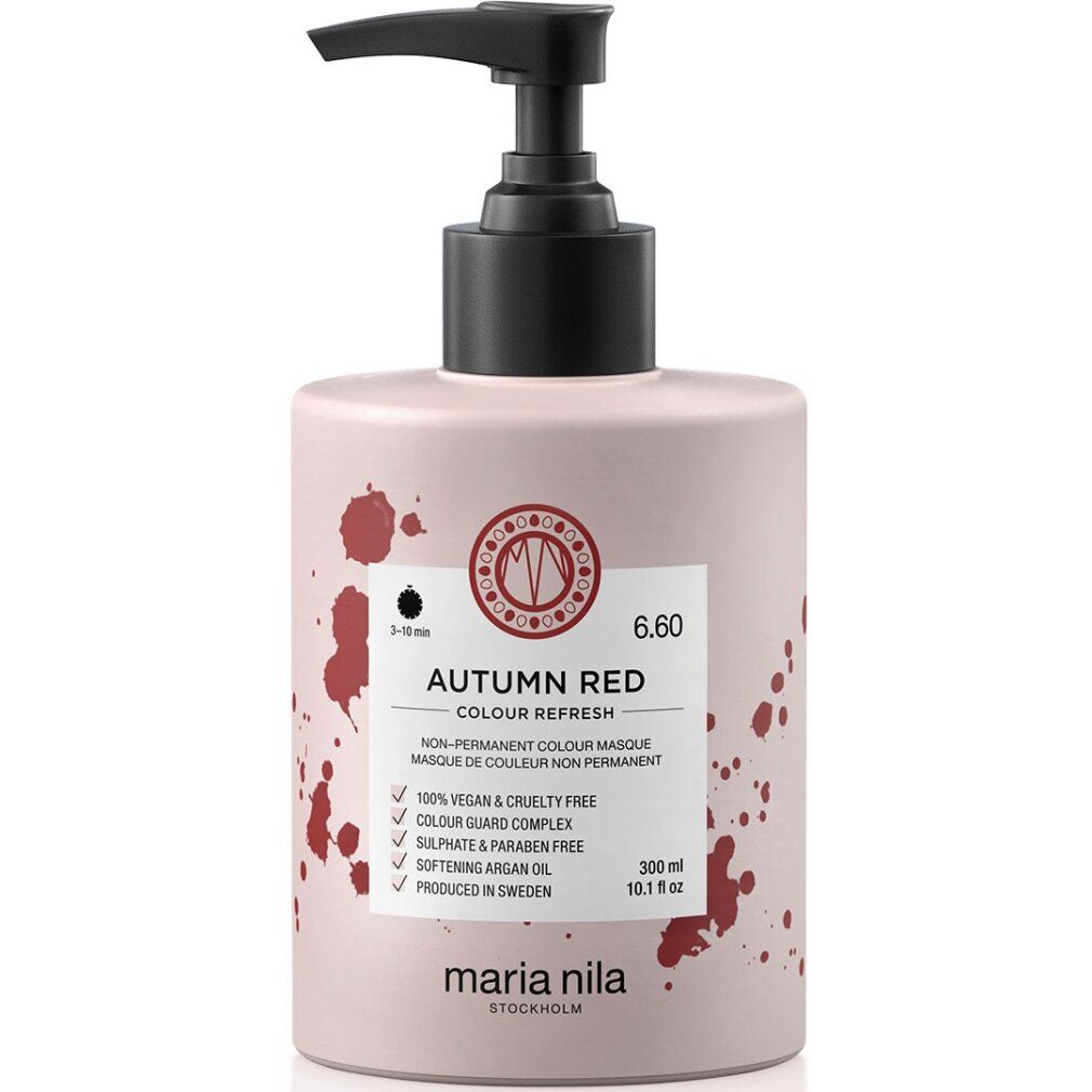 Maria Nila Autumn Red Colour Refresh bouteille avec pompe. 300 ml. Bouteille rose avec éclaboussures rouges.