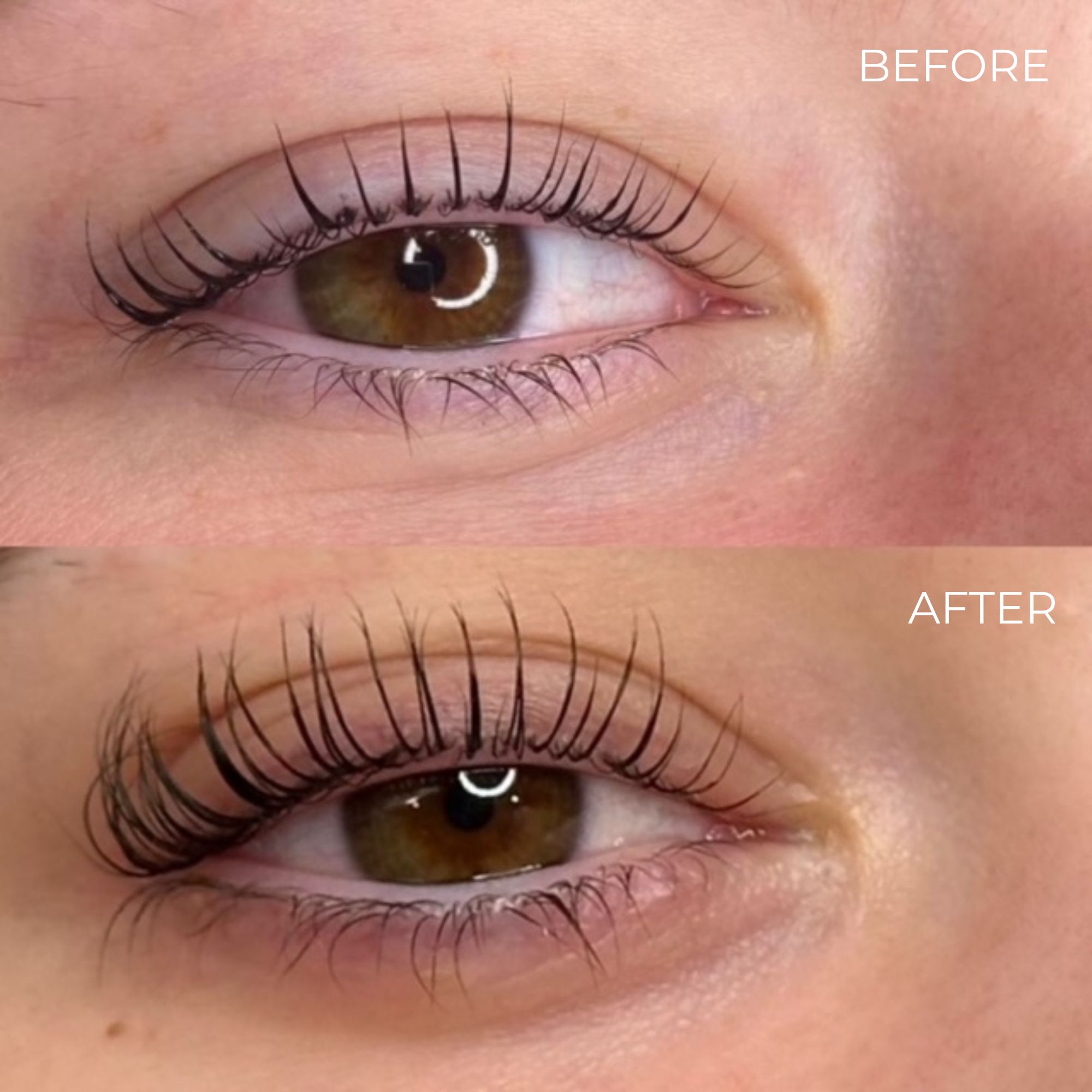 Comparaison avant-après. Yeux avec cils plus longs. Haut : cils courts. Bas : cils plus longs et plus fournis.