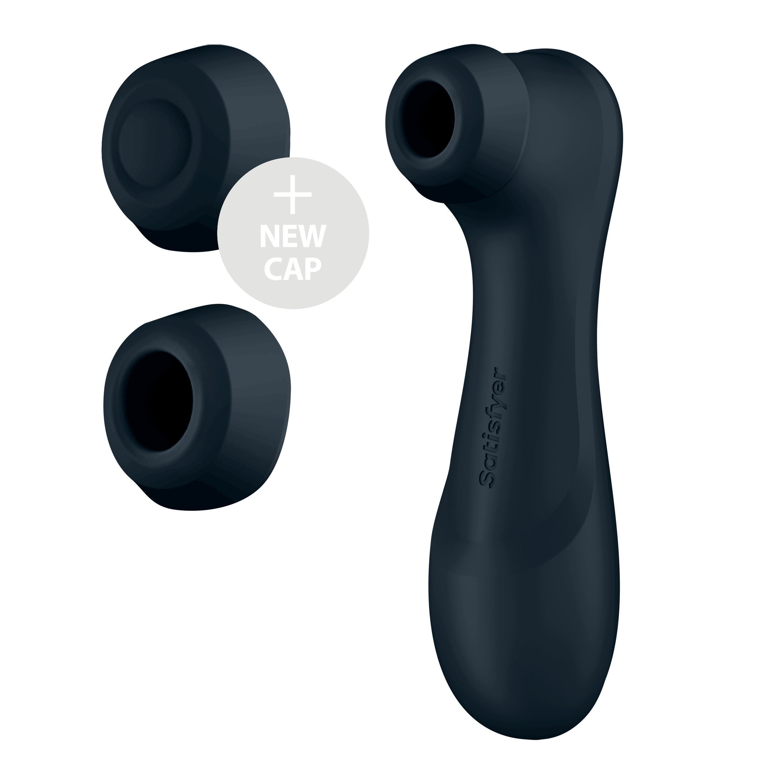 Satisfyer Pro 2 bleu foncé avec deux capuchons supplémentaires. Nom du produit visible. Forme arrondie.