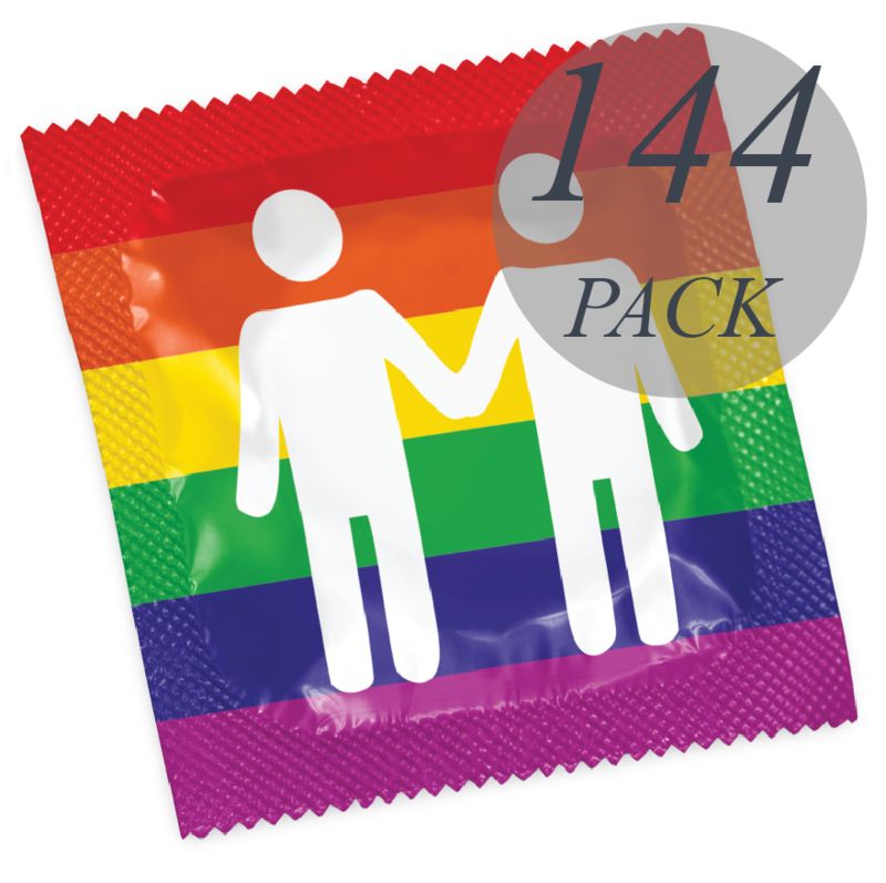 Individueel verpakte condoom met regenboogpatroon en twee witte figuren. Opschrift '144 PACK'.