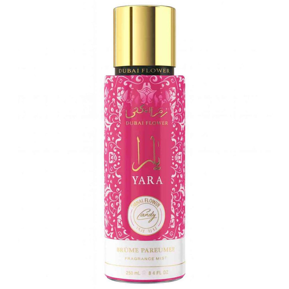 Roze fles met gouden dop. Opschrift: Dubai Flower, Yara, Candy. Patroon op de fles.