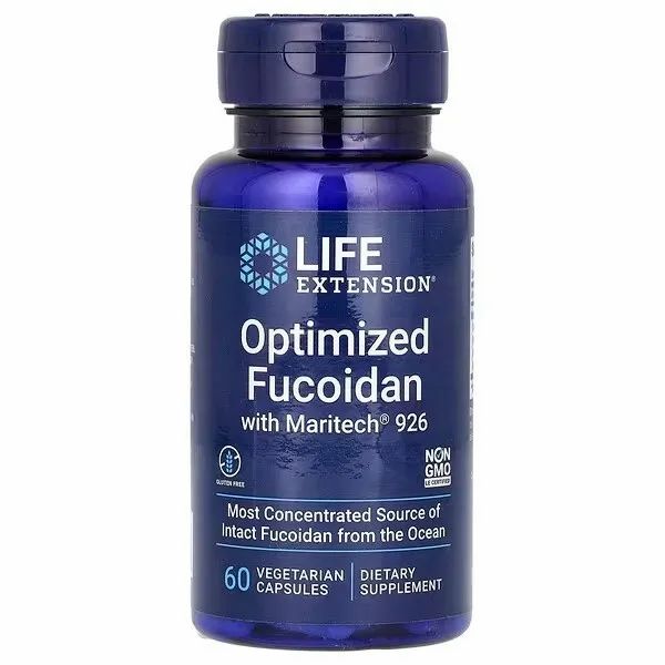 Flacon bleu contenant des gélules Life Extension Optimized Fucoidan. Contient 60 gélules végétariennes.