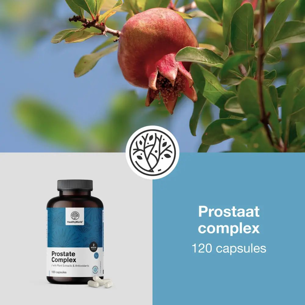Fles met capsules en granaatappel. Opschrift: Prostate Complex. 120 capsules. Merk: HealthyWorld.
