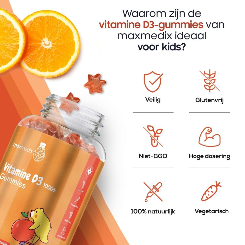 Kind houdt gummybeer vast. Fles met Vitamine D3 gummies, 120 stuks. Tekst: maxmedix, 4+ jaar, sinaasappelsmaak.