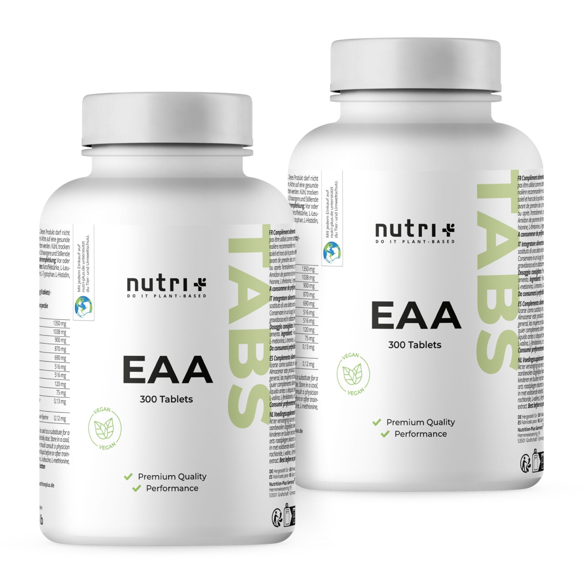 Twee flessen nutri+ EAA TABS. Witte flessen met groene etiketten. Opschrift EAA, 300 tabletten. Premium kwaliteit, prestaties.