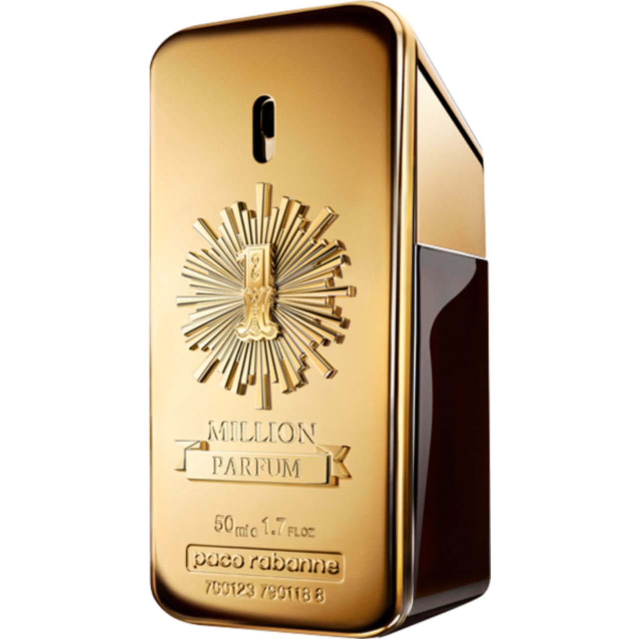 Gouden flesje "Million Parfum". Rechthoekige vorm, zwarte zijkant. 50ml.