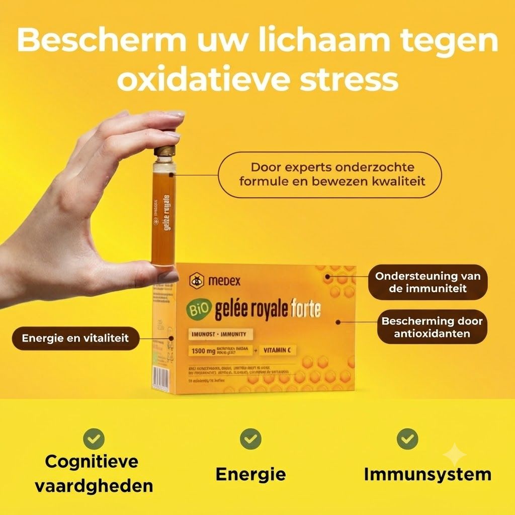 Medex Gelée Royale Forte doos met 10 ampullen, één losse ampul ernaast.