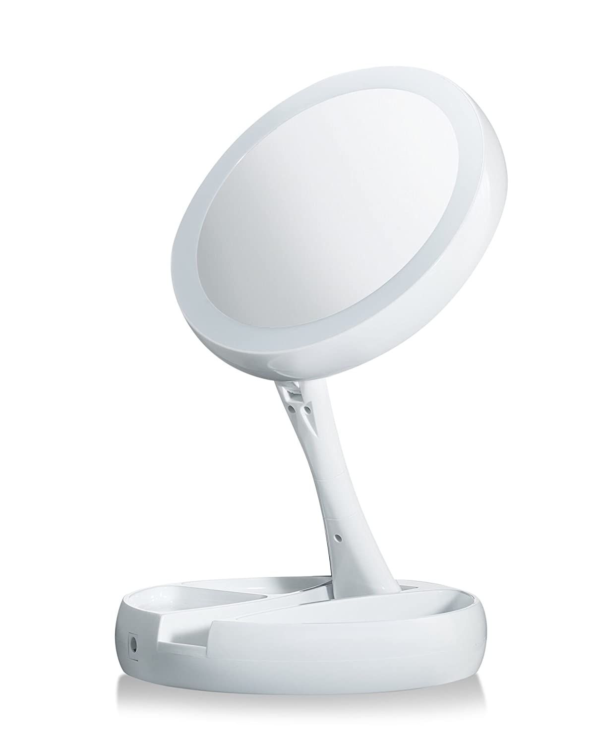 Miroir de maquillage blanc avec éclairage LED, monté sur un support.