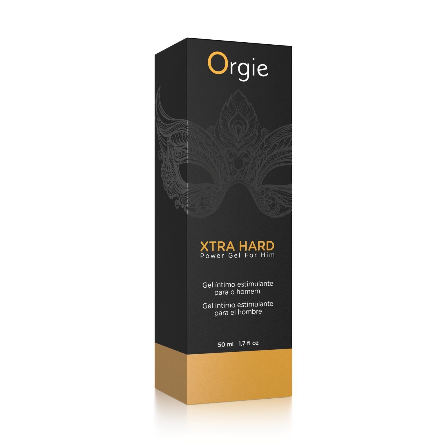 Boîte noire avec logo et motif de masque. Texte: XTRA HARD Power Gel For Him. Accent doré en bas.