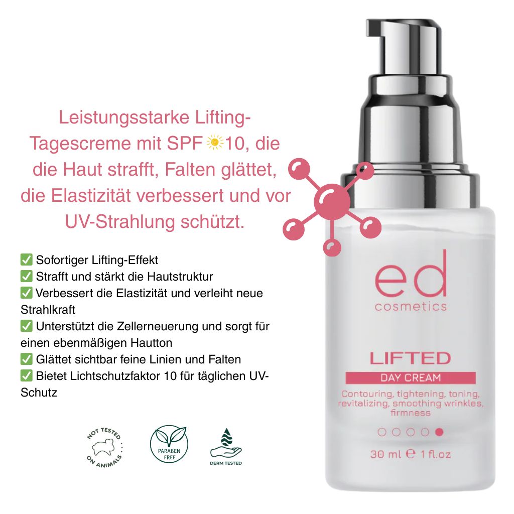 Flacon de crème avec pompe. Texte: ed cosmetics, LIFTED DAY CREAM. Texte et logos supplémentaires. 30 ml, 1 fl.oz.
