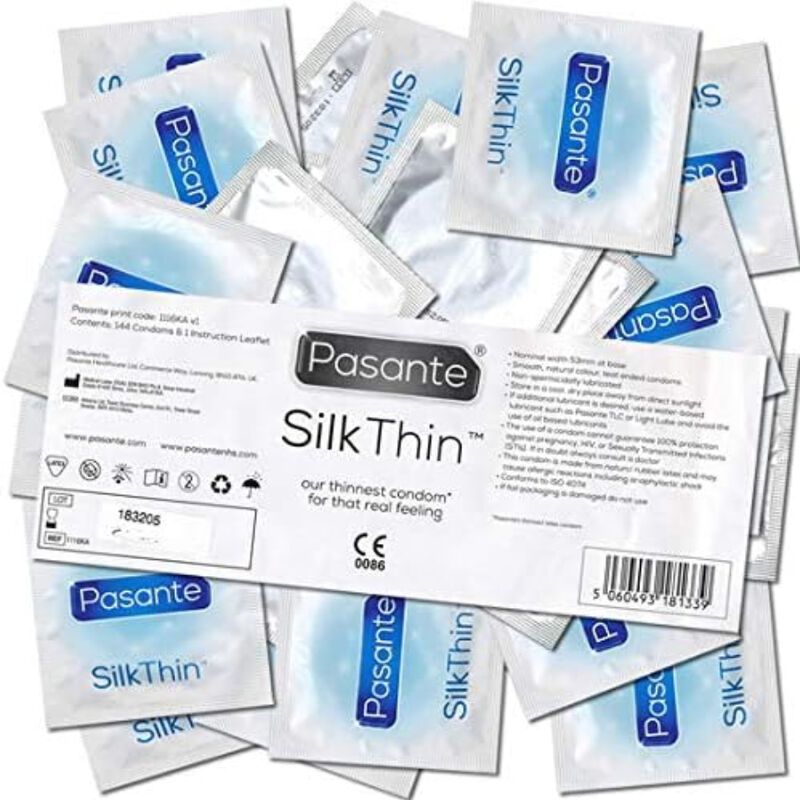 Verpakking van Pasante Silk Thin condooms. Veel individuele verpakkingen en productinformatie.