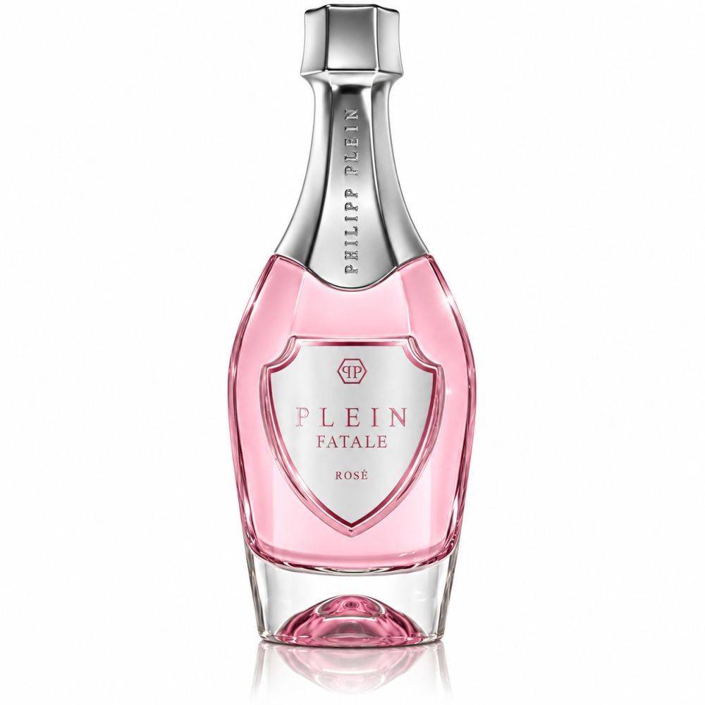 Fles van Philipp Plein Fatale Rose Eau de Parfum. Roze parfumvloeistof in een glazen fles met zilveren dop en etiket.