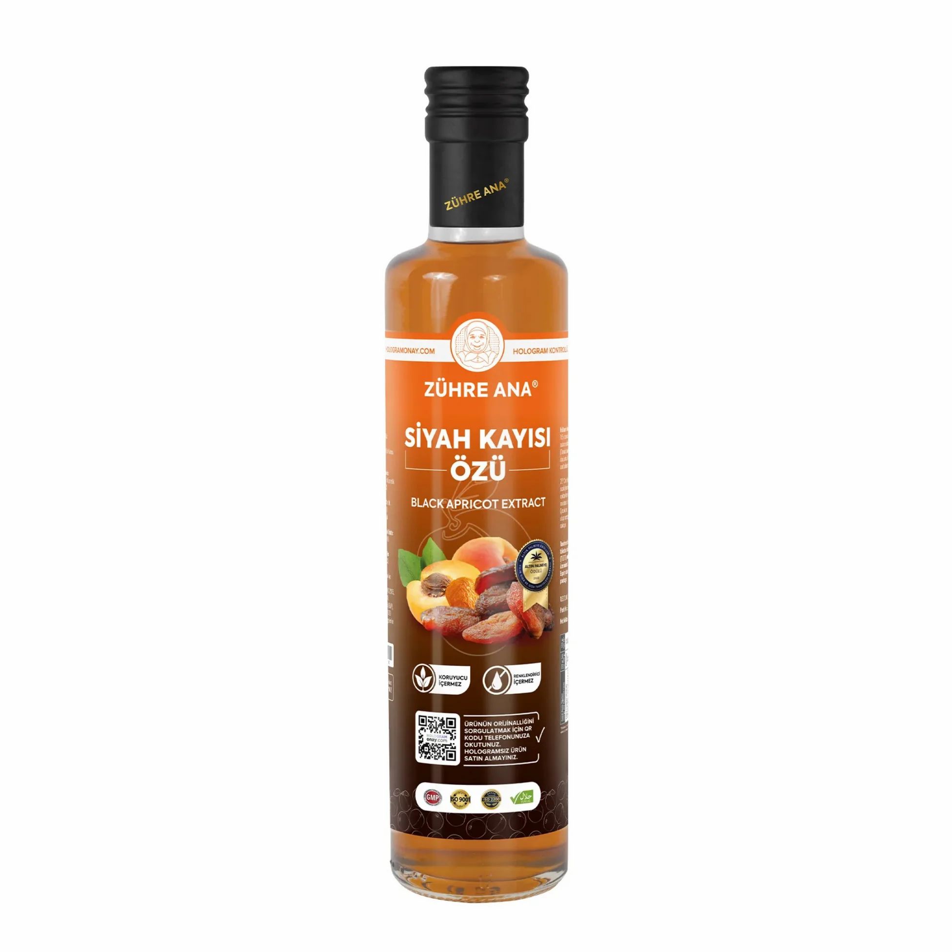 Fles zwarte abrikozenextract van Zühre Ana. Het etiket toont fruit en tekst.