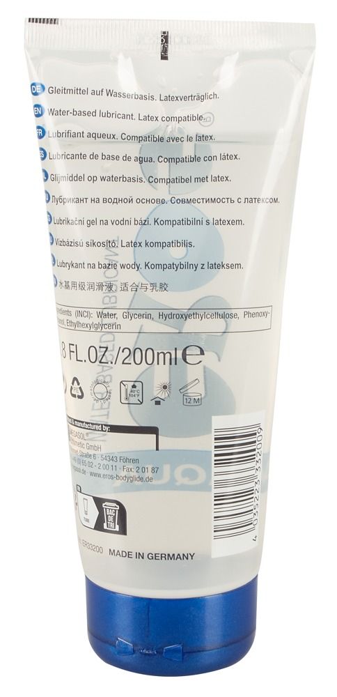 Achterkant van de tube. Tekst: Glijmiddel op waterbasis, latex compatibel. Ingrediënten, 200ml.