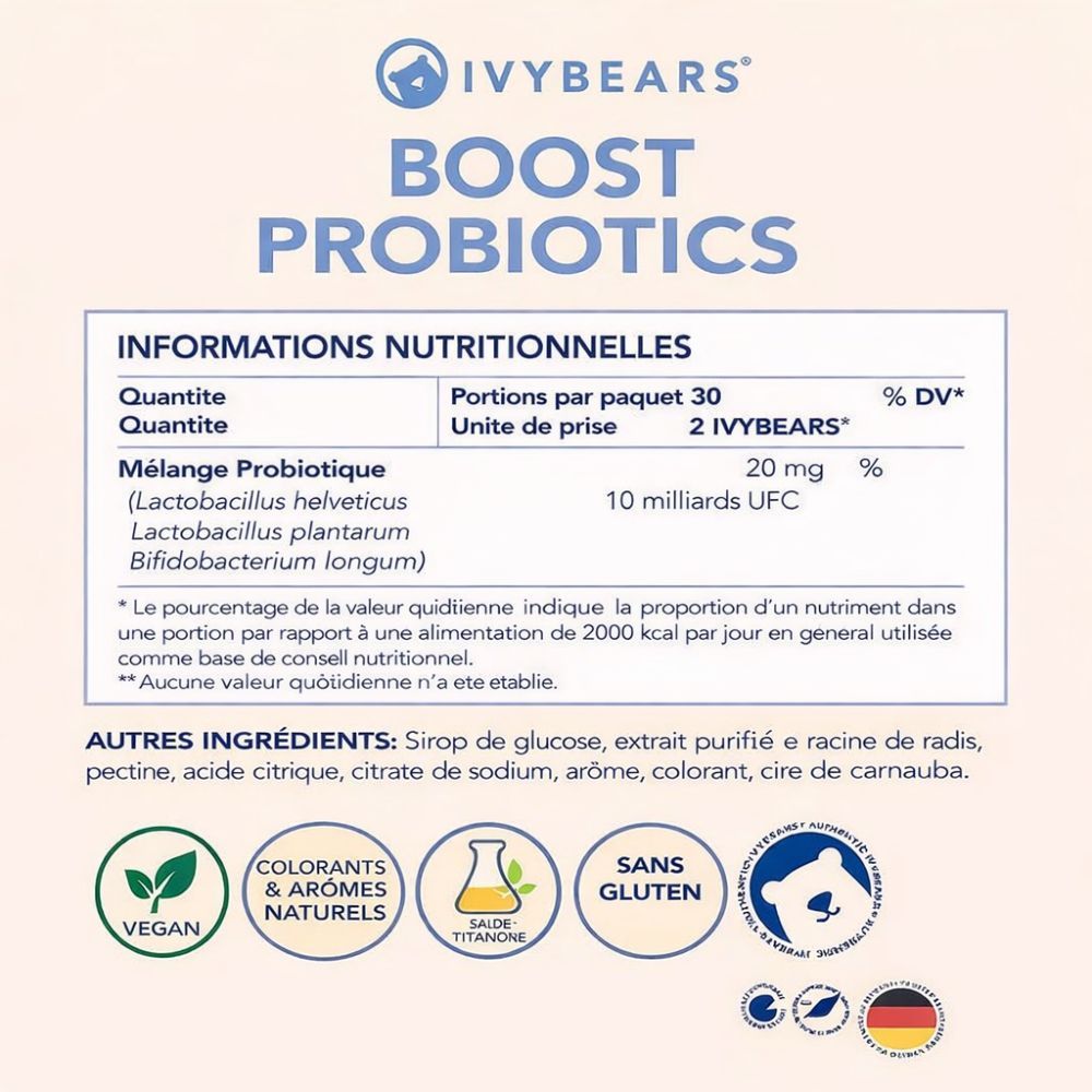 Informations nutritionnelles pour IvyBears Boost Probiotics. Texte : Mélange probiotique, 20 mg, 10 milliards d'UFC. Logo végétalien.