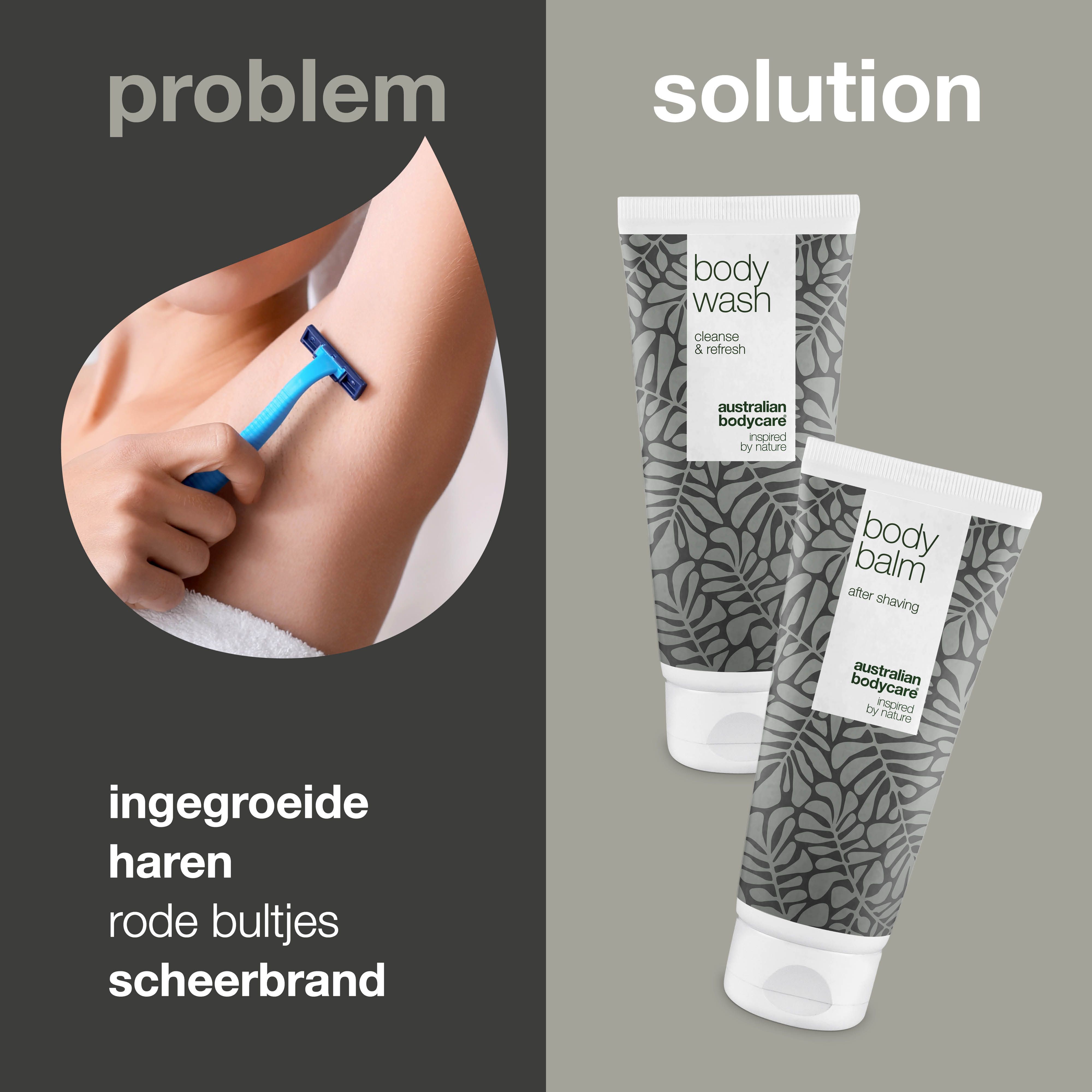 Vergelijking: probleem (scheren) en oplossing (tubes). Tekst: ingegroeide haren, rode bultjes, scheerbrand.