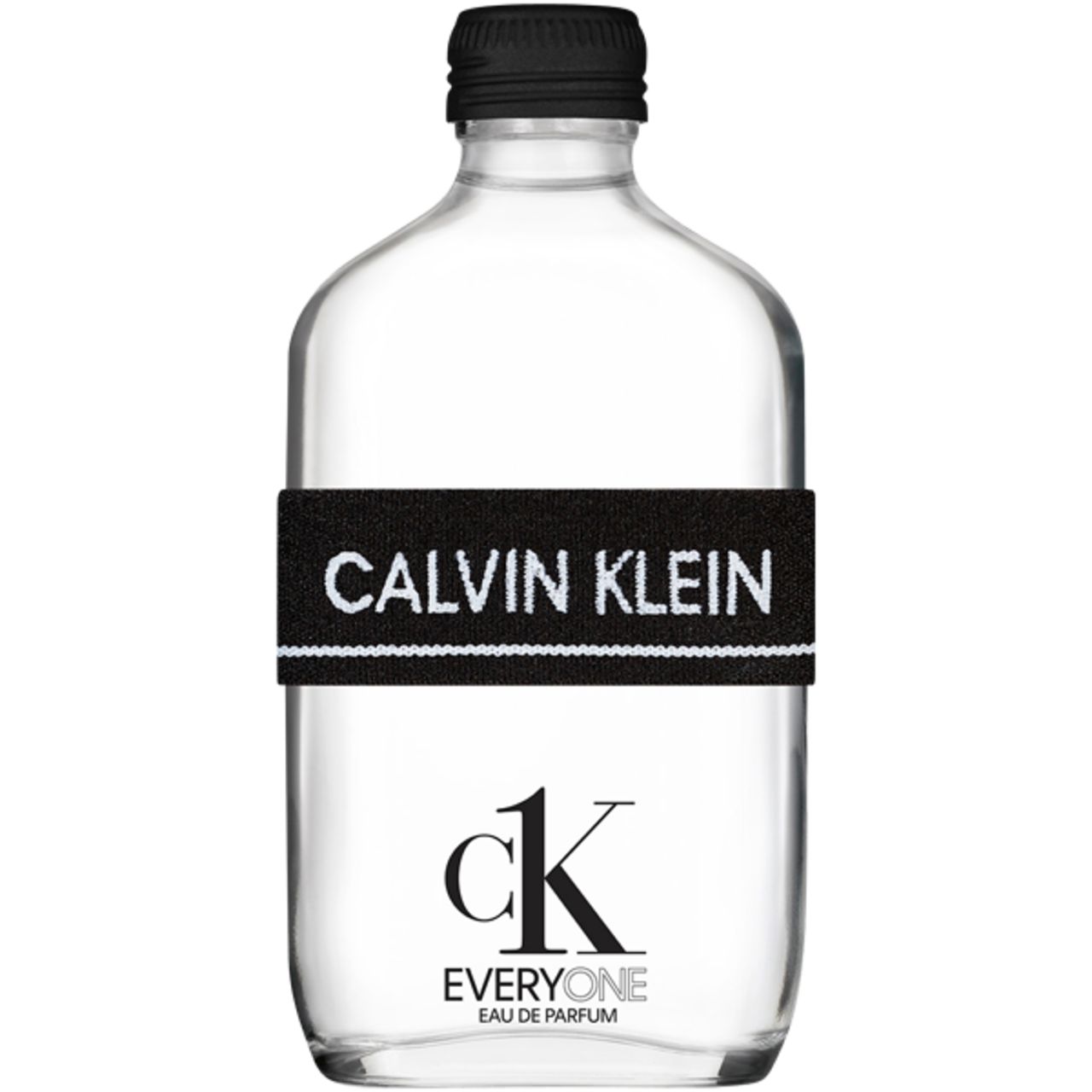 Glazen fles met zwarte dop en zwarte band met Calvin Klein-opschrift. Opschrift CK EVERYONE.