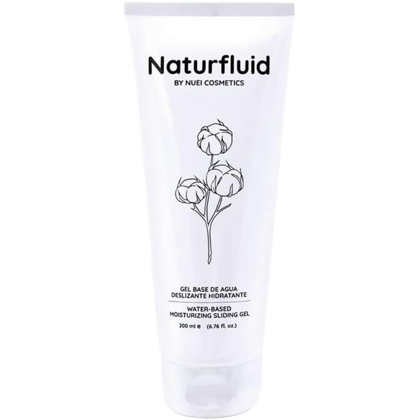 Tube blanc avec nom Naturfluid et illustration florale. Texte: Gel base de agua, Water-based moisturizing sliding gel.