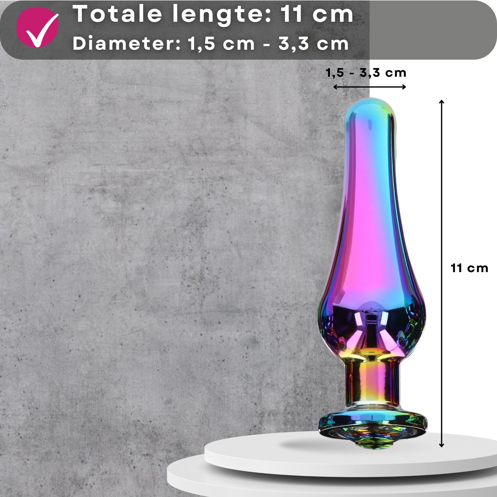 Conische plug, meerkleurig, 9-13 cm, metaal, met decoratieve steen.